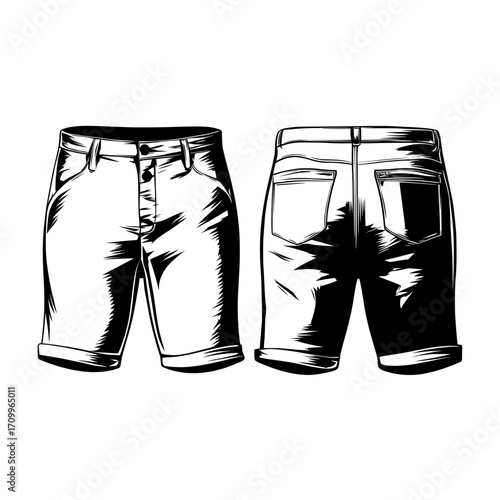 A fashion illustration of men's chino shorts is presented in a flat sketch style, showcasing both front and back views, along with a modern denim shorts template