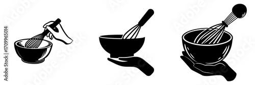 A modern, semi-flat colored bowl and whisk are being held in a hand, symbolizing a cooking utensil used for food preparation, depicted as an editable cartoon clip art icon on a white background,