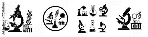 A banner for National Science Day is depicted alongside an international holiday and festival, with laboratory inventory and a chemical experiment, including genes, test tubes, a microscope, and a