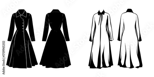 Women's coat dress design features a line fit flare style with a collar flat sketch in fashion illustration showing front and back views