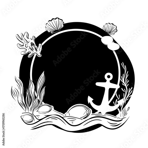 Summer nautical illustration in a modern cartoon flat style, comprising hand drawn elements of seabed, algae, shells, and anchor, presented in an abstract frame on a dark blue background, ideal for