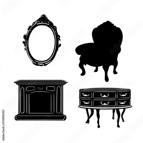 The living room of a Victorian old house is depicted with a fireplace and furniture in a cartoon modern style, complete with an antique royal English style lounge and home indoor illustration