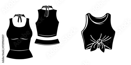 Technical fashion illustration of a Tie Knot Top, along with a Jersey Cropped Tank Top template in CAD, featuring a slim fit and front and back views on a white background