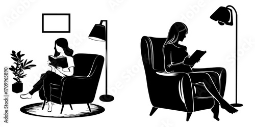 In a cozy modern apartment, a woman sits by herself, writing in a notebook with a lamp nearby, as a girl in the living room furniture sits in an armchair, learning, with a TV and indoor light