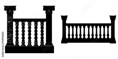 A 3D black balcony balustrade accompanied by a Roman stone pillar, set against a modern isolated marble terrace parapet, forms a realistic decorative European railing design element complete with a