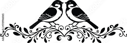 Romantic bird silhouette design, two lovebirds on floral branch, black vector illustration, decorative nature ornament, wedding clipart, vintage pattern art