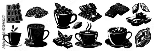 Modern illustration of sweet dessert and drink, cooking ingredient, featuring cartoon set of dark and white chocolate bar and chips, hot cacao beverage in red mug, raw cocoa bean isolated on white