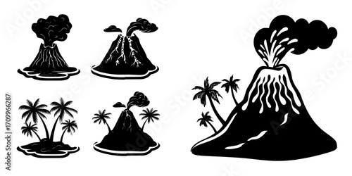 A modern flat backdrop features a volcanic eruption, showcasing a natural landscape of a mountain spewing lava, surrounded by volcanic ash clouds, fire, smoke, and palm trees in a tropical setting