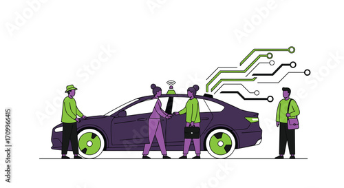 Diverse team collaborates on futuristic electric car technology with digital connections