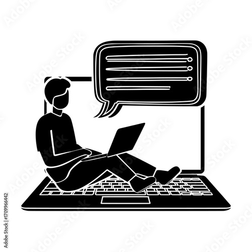 In this modern illustration for social media marketing, a content manager is shown outlining a web concept with a character scene, while a man creates new content and posts for a blog, surrounded by