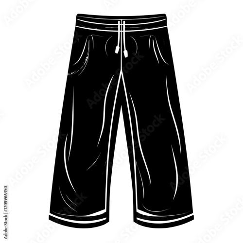 CAD mockup set featuring technical fashion illustration of wide leg pants with drawstring, pocket, and oversize details, shown in front, side, and back views for unisex designs