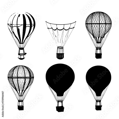 Isolated on a transparent background, a modern illustration presents a realistic set of hot air balloon mockups in white, yellow, and blue, featuring an inflatable aircraft with a basket designed for