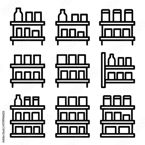 Collection of Simple Line Art Shelving Units with Various Items.