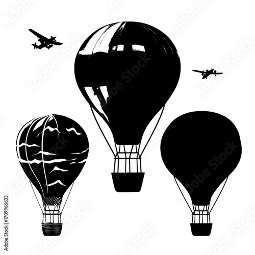 A realistic 3D illustration of an isolated hot air balloon basket is set against a transparent background, featuring an aerostat with distinctive red, blue, and pink stripes, perfect for summer