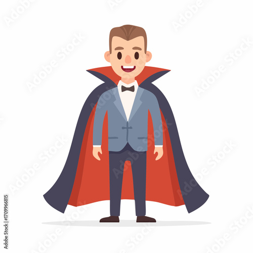 Illustration of a smiling man dressed in a vampire costume for Halloween