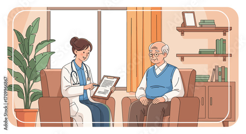 Caring doctor consults elderly patient in cozy home-like medical office environment