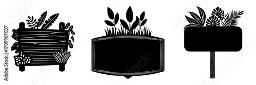 The ui design features a jungle wooden sign board, a set of cartoon game plant frame icons, and tropic nature pointers for use in text banners and menu apps