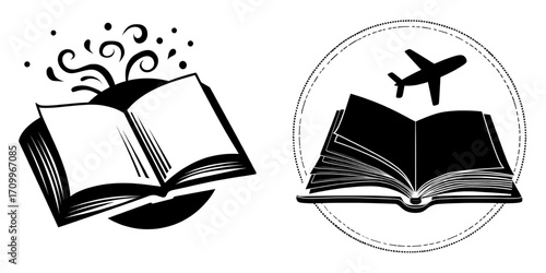 The image of an open fly school paper book is a modern illustration isolated on white, to publish a novel story that has a green cover, born from the imagination that is stirred by the wind found in