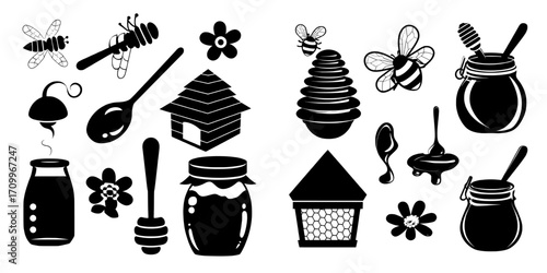 Modern illustration of a set of icons for honey and beekeeping, including editable stroke, flat, and color designs, is showcased on a white background with various icons like bee, beehive, and honey