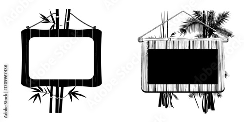 A modern set featuring a wooden bamboo sign board frame for game UI, accompanied by a wooden signboard with rope on a stick and a border, presented as an isolated tropical illustration, including a