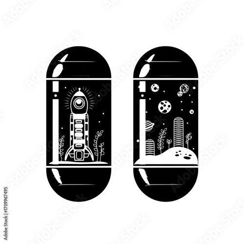 Futuristic science laboratory or spaceship cryogenic capsules represent a future space technology concept, complete with isolated hibernation pods on a white background in a modern cartoon setting