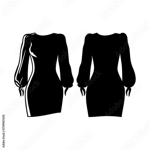 The Puff Sleeve Dress is depicted in a technical fashion illustration as a mini dress with a round neck, zip-up closure, and tie sleeves, presented in white with front and back views as a CAD