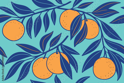 Orange fruits and navy blue leaves on teal background