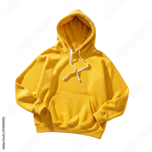 Vibrant yellow hooded sweatshirt with white drawstrings isolated on transparent background