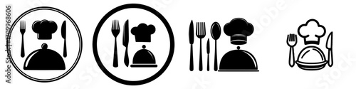 Fork, spoon, knife, plate, chef hat, and cloche or tray icon. Cutlery icon set in line and flat style. Dinnerware icon symbol. Restaurant sign and symbol. Modern illustration