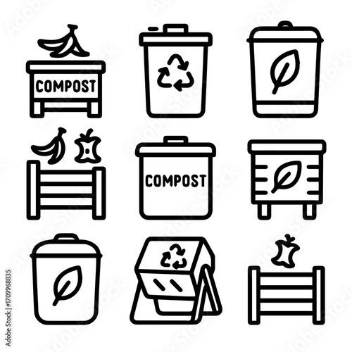 Compost and Recycling Bins A Collection of Black and White Line Art Icons.
