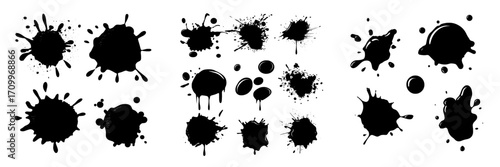 A large collection of blots and contemporary abstract elements, including black ink splatters, dirt stains, and isolated drops