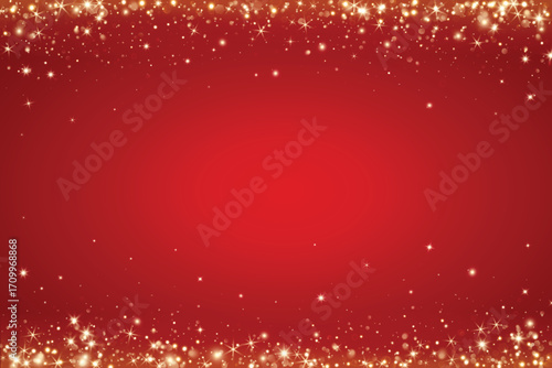 Top and bottom golden glitter lights on red background. Falling glowing particles. Sparkling magic glow frame for celebration, birthday, wedding, Christmas or New Year. Vector.