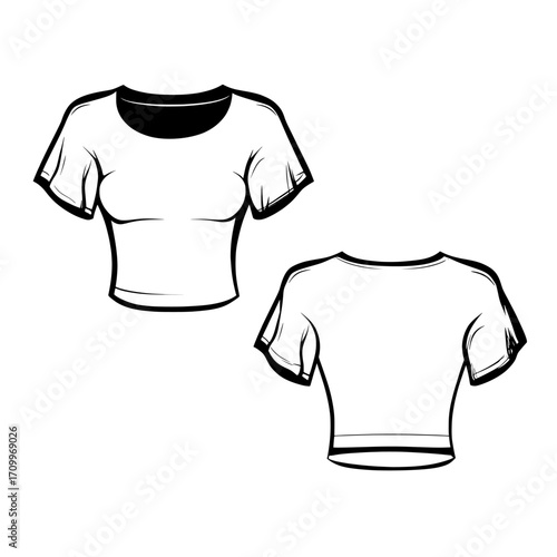 The technical fashion illustration depicts a Crop Top with varying sleeve lengths, including short and long puff sleeves, as part of a set of jersey Tops with poplin sleeves in a fashion flat drawing