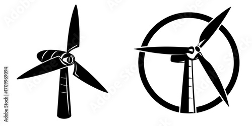 The illustration features a modern 3D wind power generator turbine icon on a transparent background, along with a set of white windmills used for generating renewable clean energy, and includes an