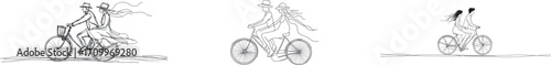 The modern illustration showcases a cute romantic couple in love riding a bicycle created in continuous line drawing