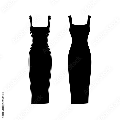 Technical illustration set for women's maxi dress, including a CAD mockup of a sleeveless jersey dress with a slim fit, roll and square neckline options, and views from both the front and back, all