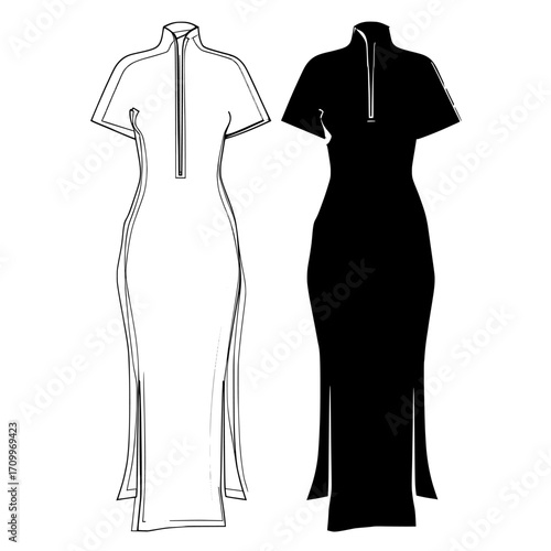 The fashion technical drawing template for a Maxi Dress, featuring a zip-up and asymmetric bottom in white, is accompanied by a Halter Dress technical illustration in blue, both part of a women's CAD
