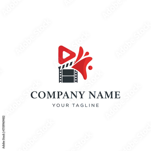 Dynamic logo featuring a play button, film strip, and abstract splash, representing media production and creativity.