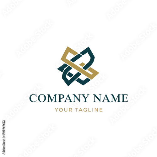 Elegant abstract intertwined logo in gold and dark teal with company name and tagline, representing professionalism and connection.