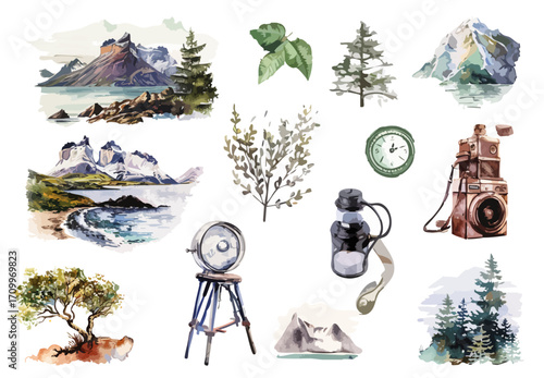 Watercolor Illustrations set Of Nature Elements Mountains Trees And Vintage Items