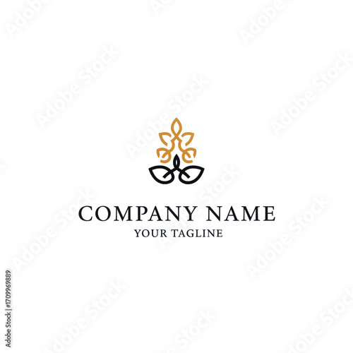 Elegant logo design featuring stylized floral motifs in gold and black, with company name and tagline placement.