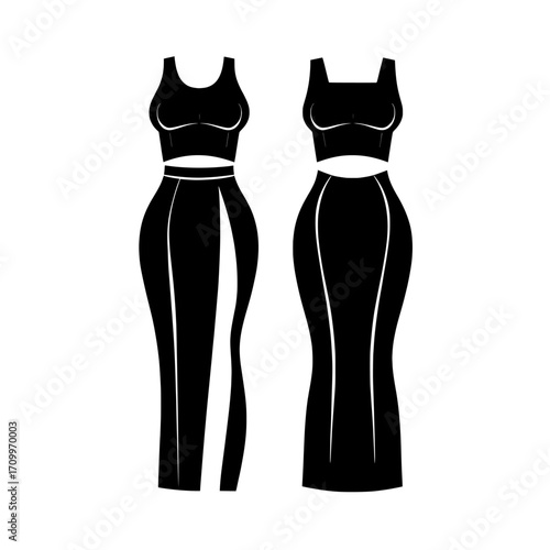 Technical fashion illustration of a maxi dress set, including a jersey tank top dress with a slim fit, front slit, and views from the front and back in white, as part of a women's CAD mockup set