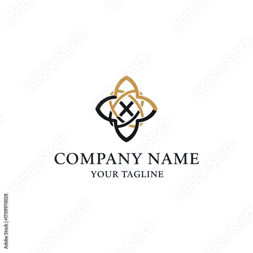 Elegant gold and black intertwined logo design featuring a central 'X' within a stylized floral motif.