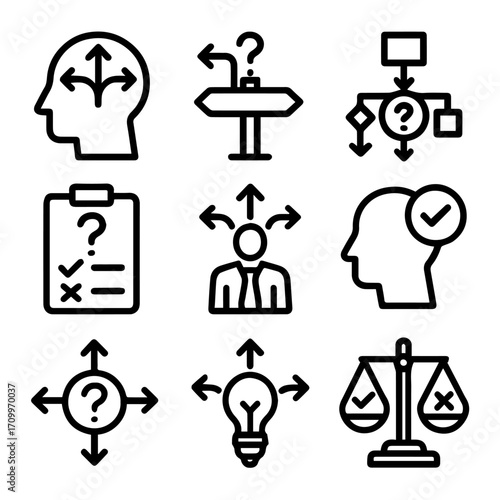 DecisionMaking Icons Representing Choices Solutions and Weighing Options in Black and White.