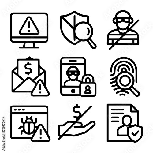 Cybersecurity Icons Depicting Threats Protection and Financial Security Concerns.
