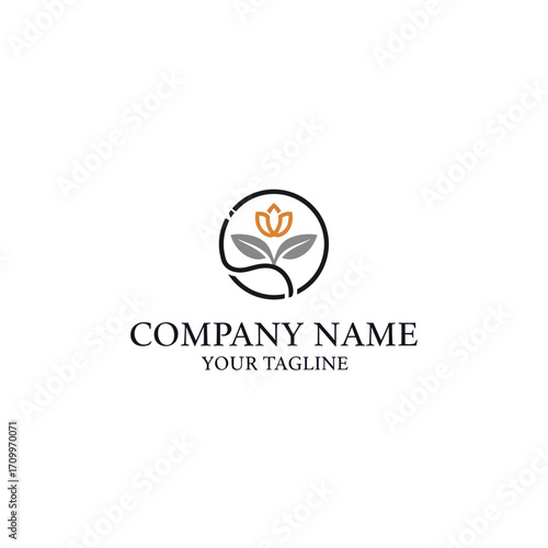 A minimalist logo design featuring a stylized orange flower bud with two dark leaves enclosed in a black circular outline, accompanied by placeholder company text.