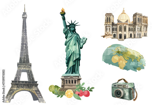 Watercolor set of Famous Landmarks With A World Map And Vintage Camera In Vibrant Colors