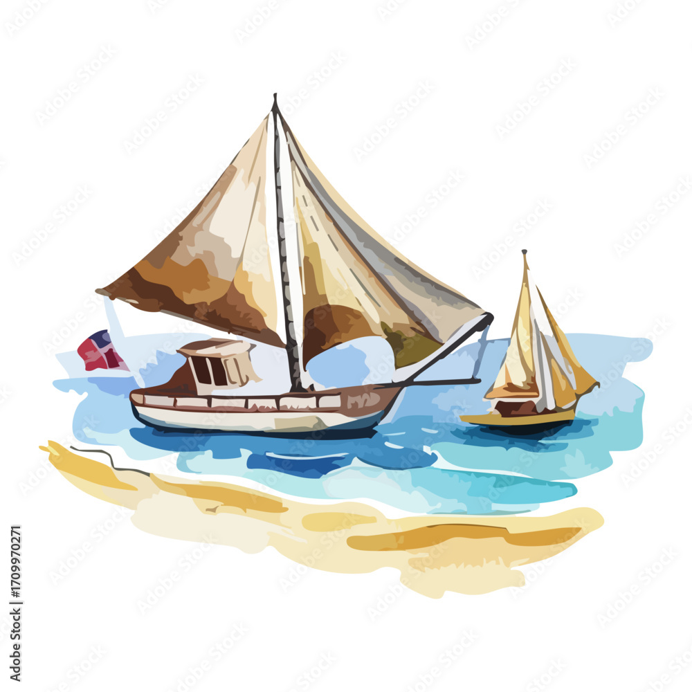 Naklejka premium Watercolor Colorful Sailboats Gliding On Clear Blue Water With Sandy Shoreline