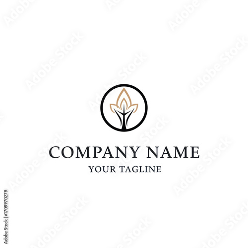 Abstract logo design featuring stylized leaves or petals emerging from a stem, enclosed within a circular frame, suitable for a company or brand identity.