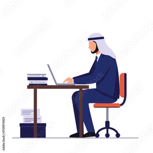 A businessman in traditional Arab attire working at a cluttered desk with a laptop.